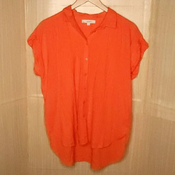Loft Womens Bright Orange Boxy Gauzy Short Sleeve Button Down XL - Picture 1 of 6